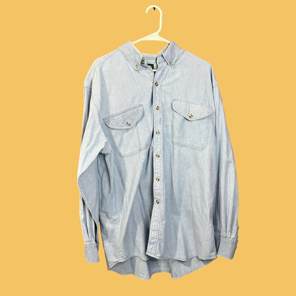 Threads Unlimited Men’s Long Sleeve Button Up Shirt Large L Chambray Blue Pocket